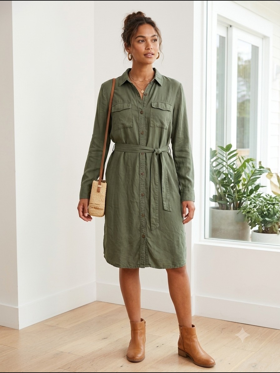 Tacera Olive Green 100% Lyocell Utility Shirt Dress Medium Roll Tab Belted Tence